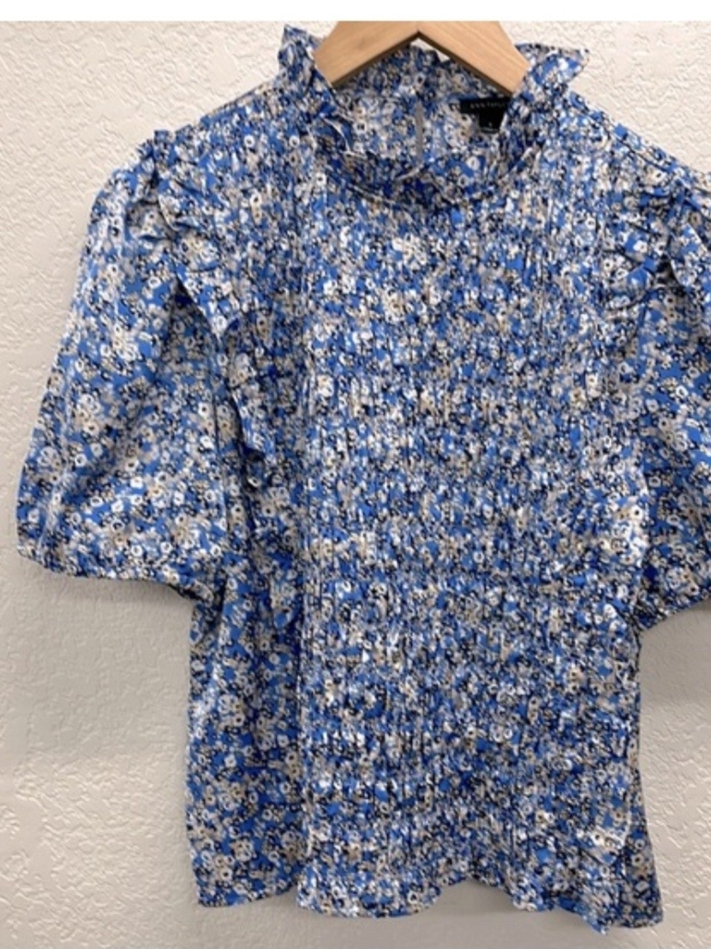 Ann Taylor Blue Floral Smocked Ruffle Neck Blouse